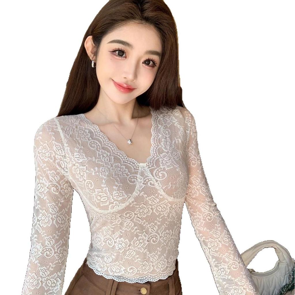 Lace Sexy V-neck Women's Long Sleeve T-shirt with Chest Pads
