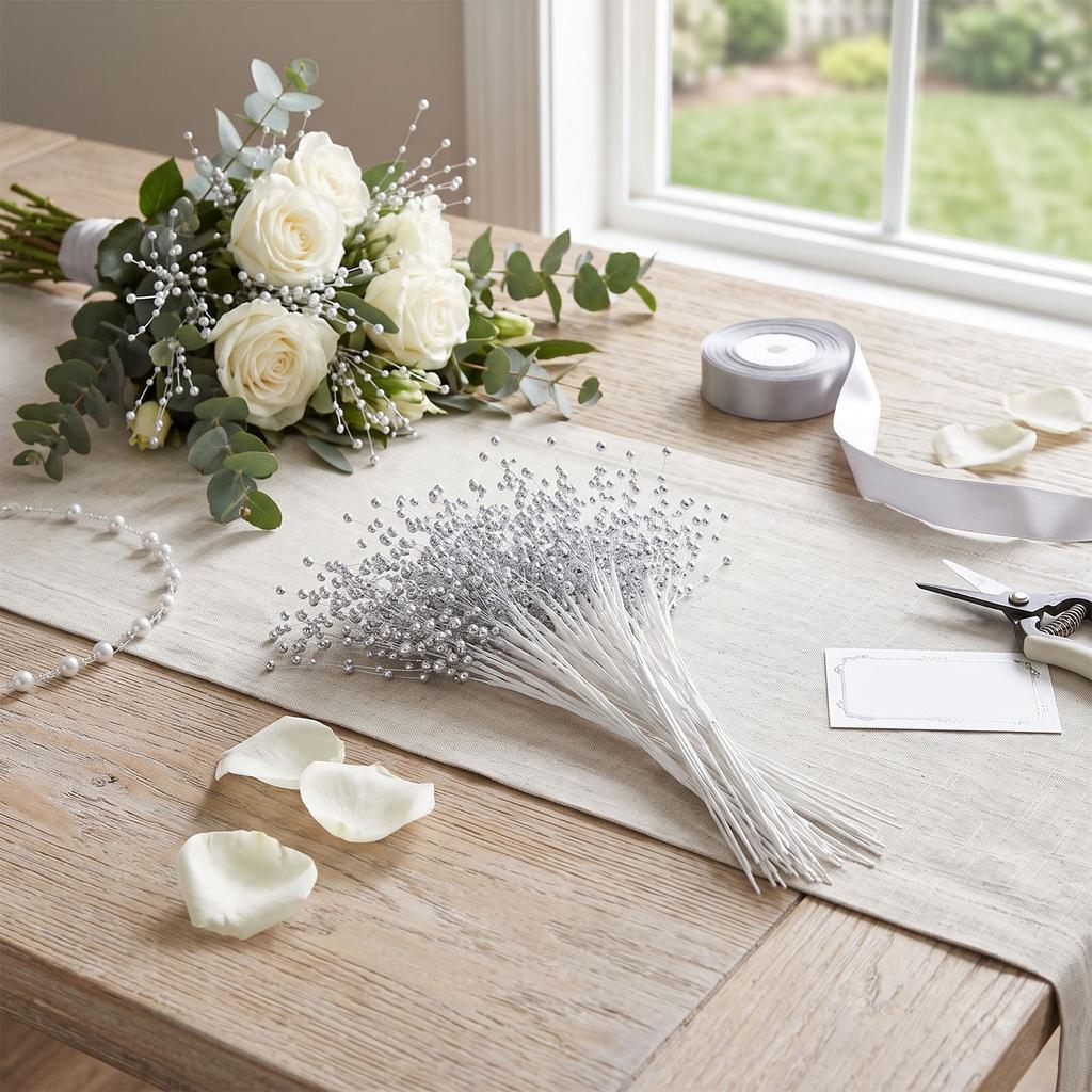 50 PCS Pearl Beaded Stems 4mm Bead String Garland Floral Picks Flexible Wire Bouquet Accessories for Wedding Floral Arrangements Crafts