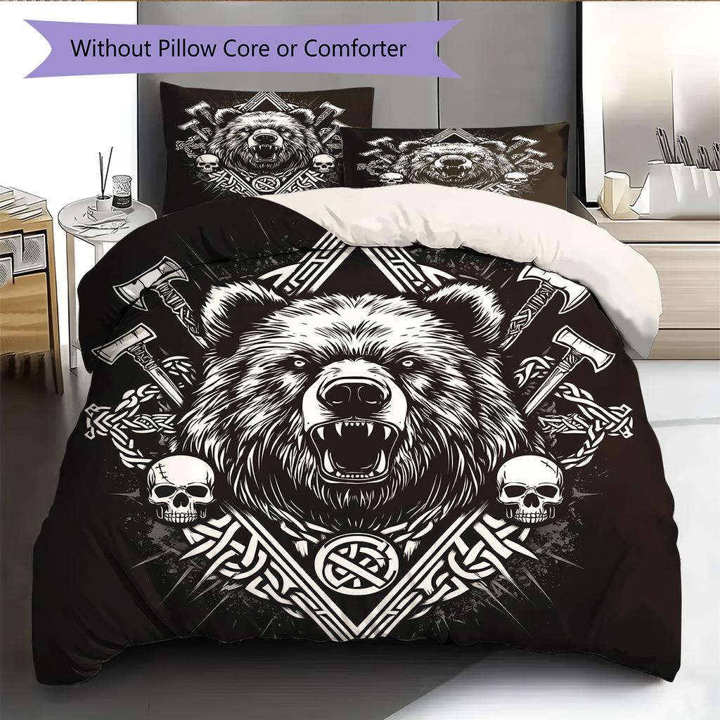 Wikinger-Krieger Muster Bettwäsche Steppdecke Set Bettbezug Kissenbezug Heimdekoration Geschenk (1 Bettbezug + 2 Kissenbezüge, ohne Füllung)