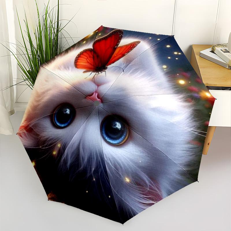 Cute Fluffy Kitten & Maple Leaf Design Folding Umbrella, Autumn Cat Themed Compact Sun/Rain Umbrella