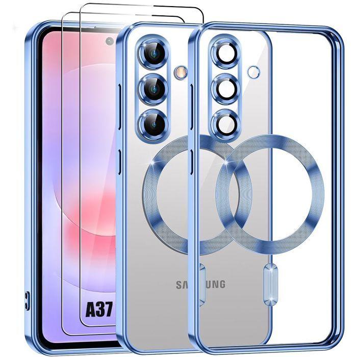 Hoesje voor Samsung Galaxy A37 5G, Siliconen met Magnetische Cirkel - Blauw - 2 Gehard Glas