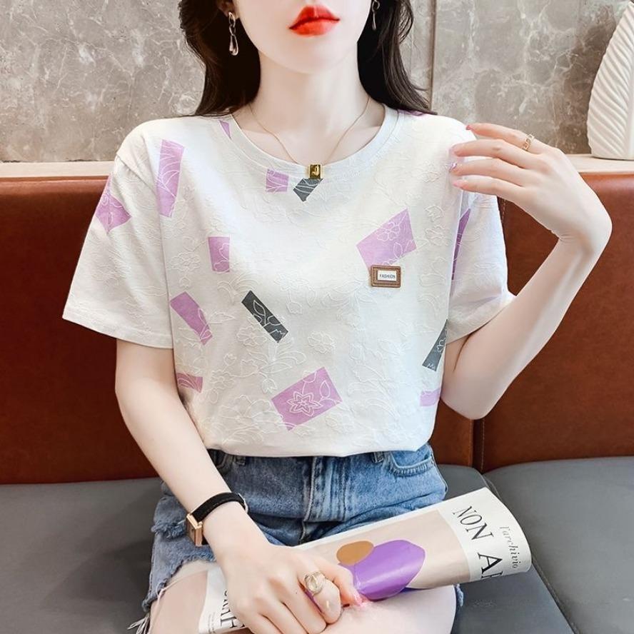 Women's Fashion Casual Summer Spring Geometric Print Short Sleeve O-Neck Blouses & Shirts