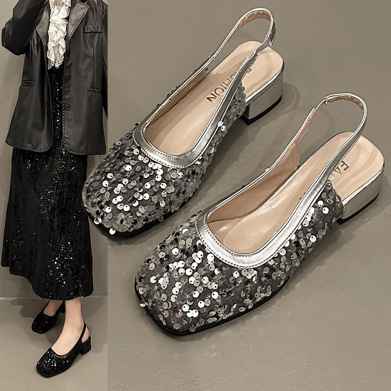 Spring new French niche high-end bag head sandals fairy shoes square head single shoes sequined mid-heel shoes