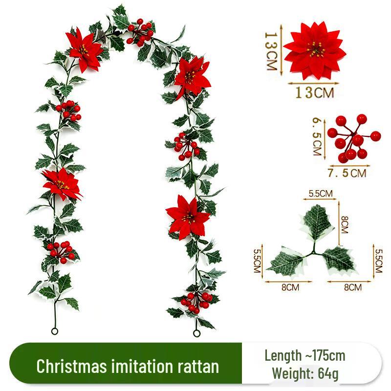 Christmas Red Berry Vine Greenery with Artificial Flowers for Holiday Decor
