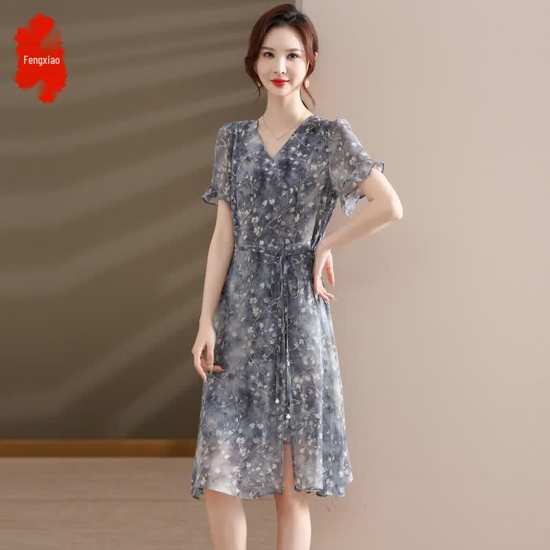 

Elegant Floral Short-Sleeve A-Line Dress 4XL