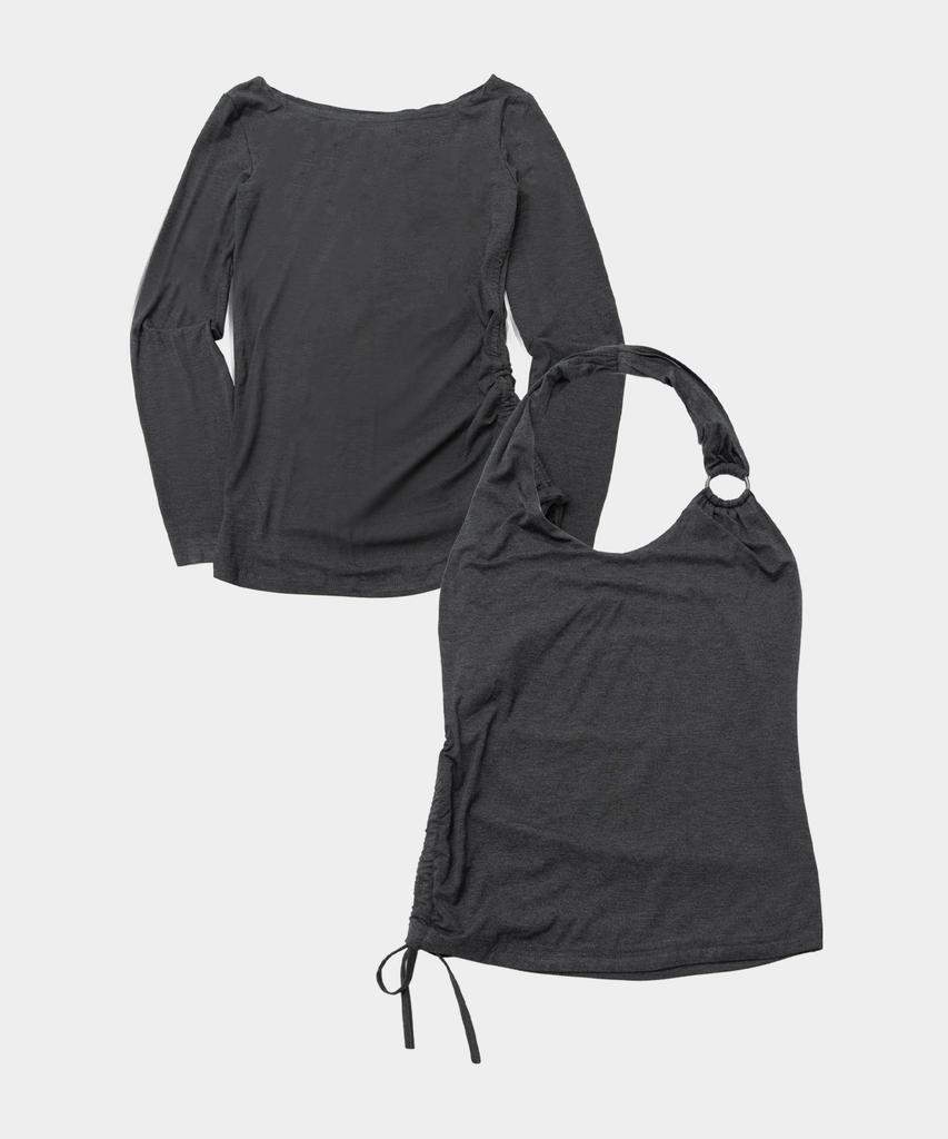 PLACE STUDIO Halter Neck Shirred Strap O-Ring Point Layered Sleeveless T-Shirt Set _3 Colors