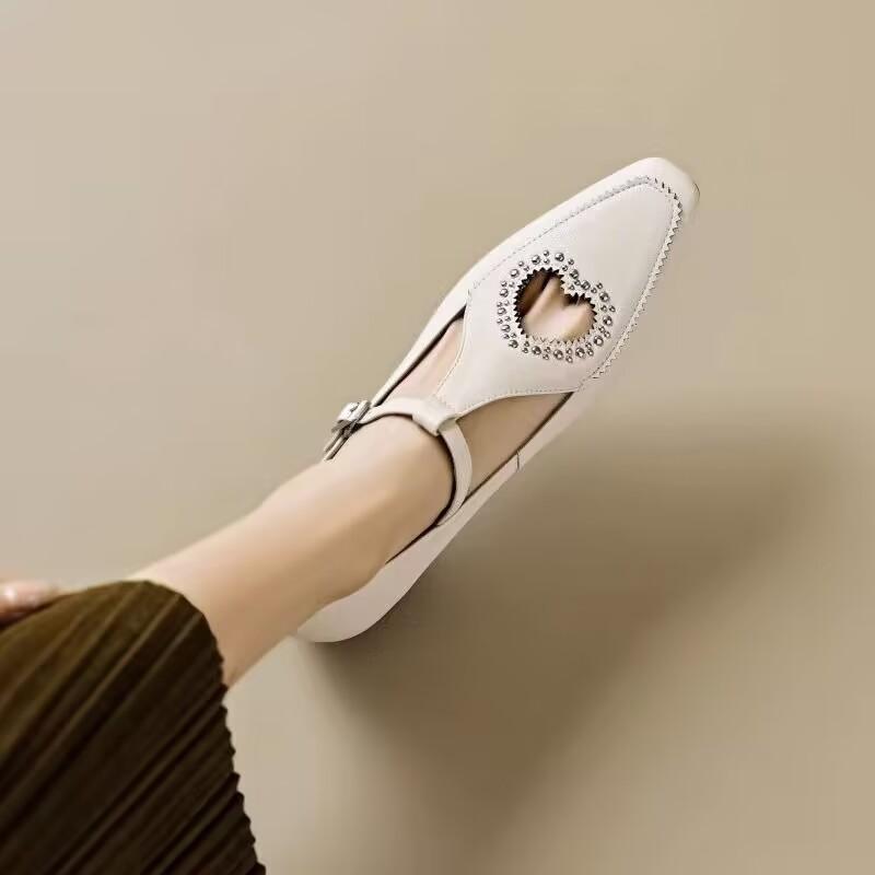 2024new Style Elegant Solid Color Party Shoes Womens Heart-shaped Hollow Dress Banquet Flat Shoes Buckle Design Zapatillas Mujer