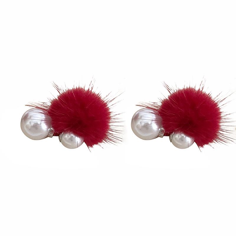 Korean Style Double-Sided Pearl Pompon Stud Earrings - Versatile Autumn/Winter Fashion Jewelry