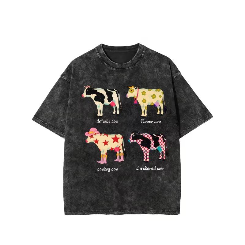 

Vintage Washed Funny Cow Graphic TShirt Cute Cow Print Oversize Short Sleeve Loose Fit Crew Neck Top for Daily Wear Farm S