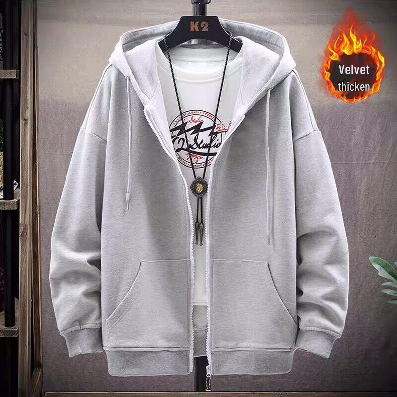 

Мужской кардиган на молнии с капюшоном на флисовой подкладке в корейском стиле - модная свободная посадка, большие размеры, повседневная спортивная одежда для осени и зимы L