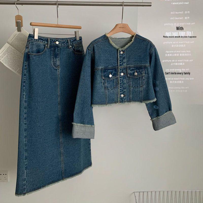 Women's Retro Frayed Denim Suit: Short Jacket & Slit Midi Skirt Two-Piece Set for Spring/Autumn