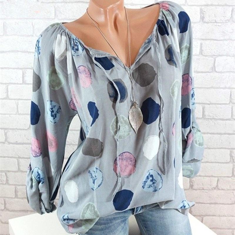 Elegant Women Summer Fashion Long Sleeve Blouse V-neck Stylish Dot Printed Shirts Tops