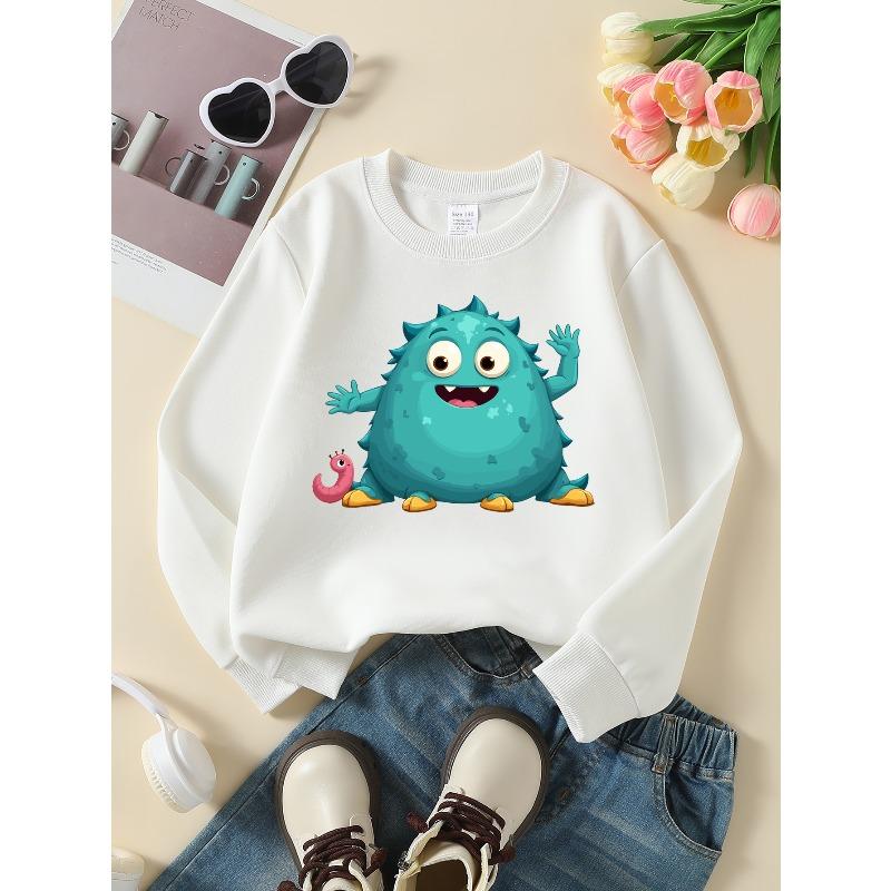 Kids Crewneck Sweatshirt, Cute Monster With Worm Print,Daily Casual Top for Spring & Autumn