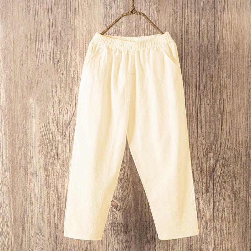 Solid Color Cotton Linen Straight Leg Loose Nine-Point Pants for Summer – Plus Size, Thin Style, for Middle-Aged and Elderly Women
