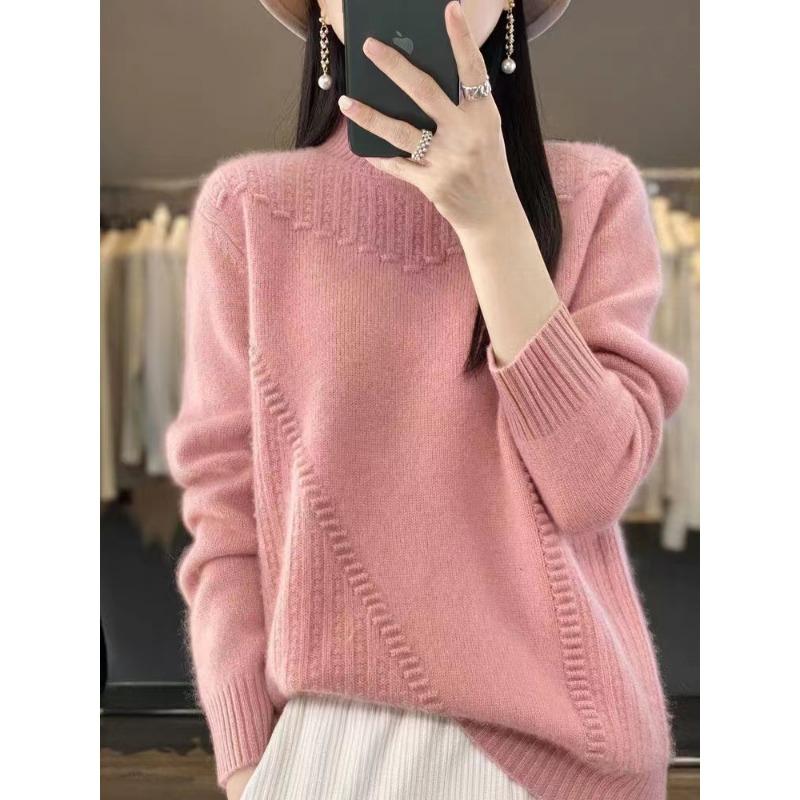 Women's Solid Color Thickened Drum Wave Sweater Pullover Half High Neck Inside and Outside Fashion Bottom Women's Sweater