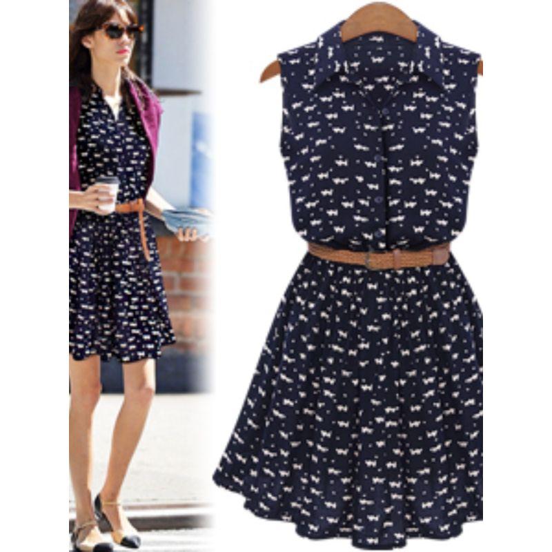 

New Arrival Summer Fashion Women s Wear Fashion Style Popular Cat Footprints Slim Looking Dress Shirt Dress [Belt Delivery]] Image color S