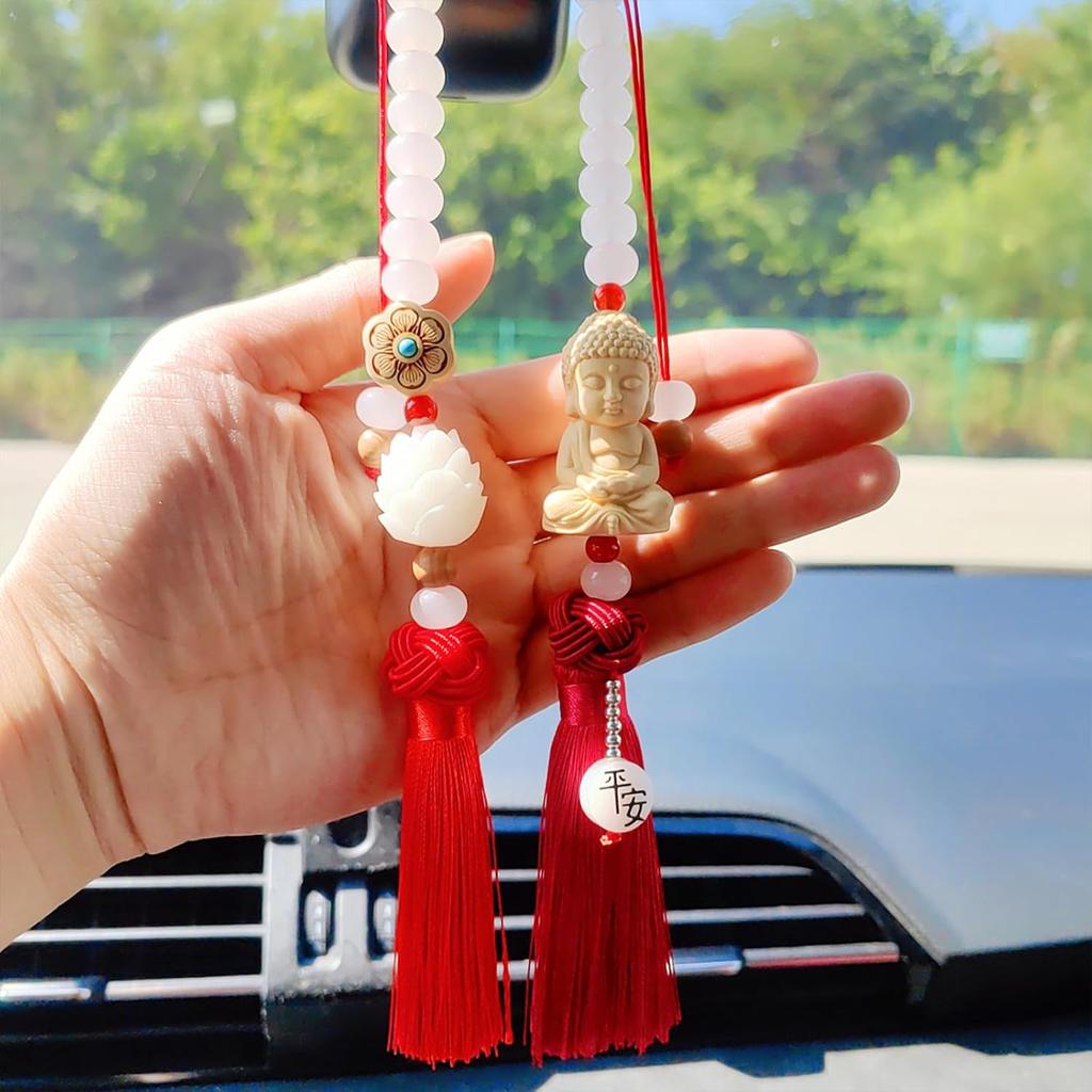 Buddha Rear View Mirror Accessories Hanging Charms, Tassels Car Hanging Ornament, Cute Car Accessories for Women/Men, Fo Bao Ping an