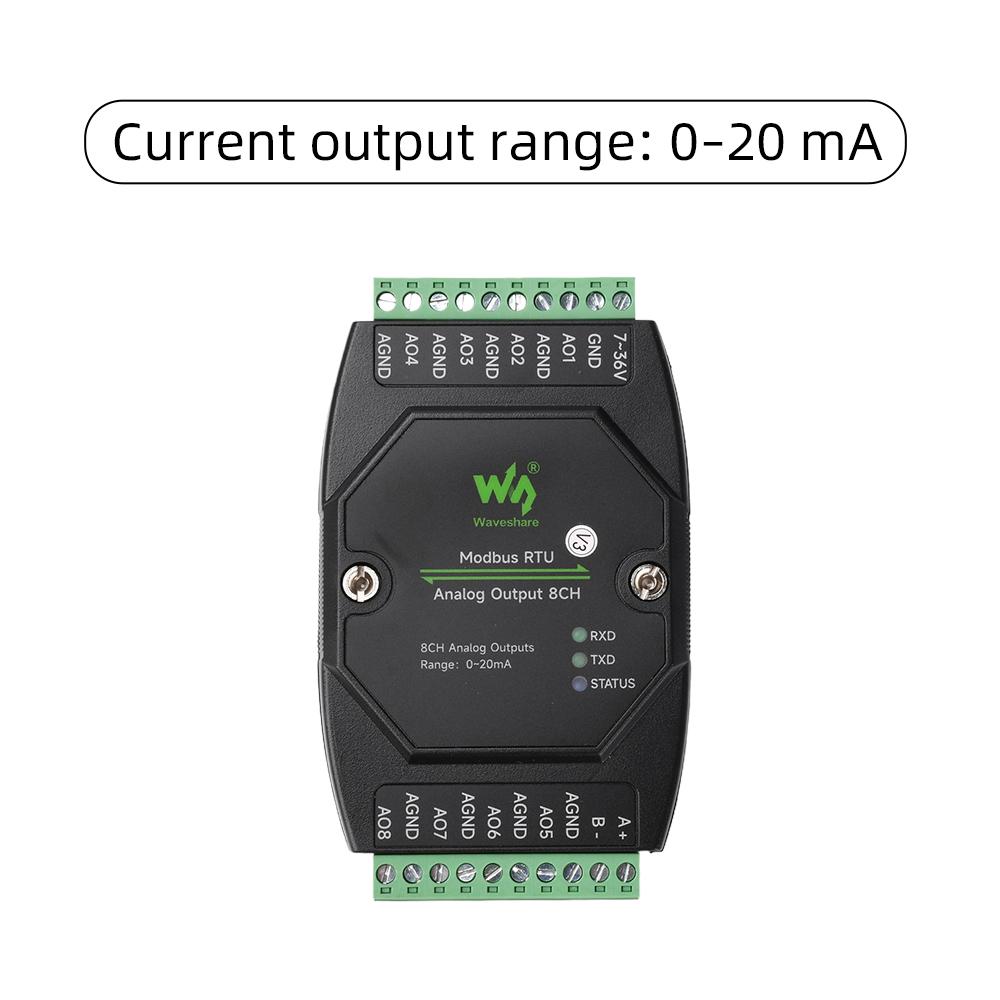 Industrial 8-Channel Analog Output Module 12-bit DA Converter DC 7-36V Wide Voltage Isolation Modbus RTU Current/Voltage