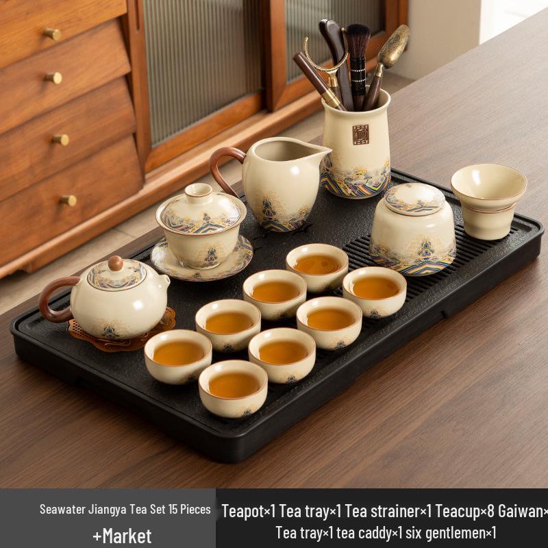 High-End Ru Kiln Ceramic Kung Fu Tea Set - Luxury Gaiwan Teapot, Tray, and Cups for Home.