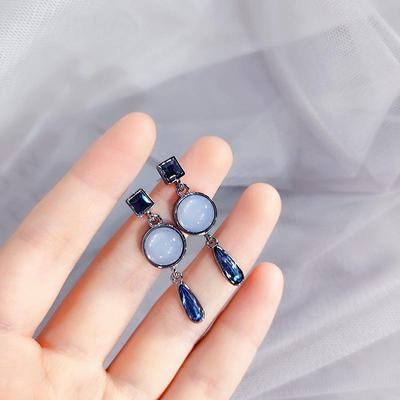 S925 Silver Needle Blue Water Drop Cat's Eye Stone Morandi Crystal Geometric Stud Earrings