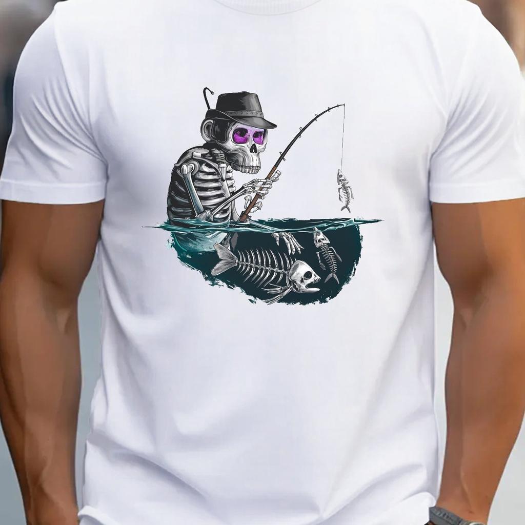 Skeleton Fishing Graphic Tee Skull Surrealistic Print Casual Mens Short Sleeve TShirt