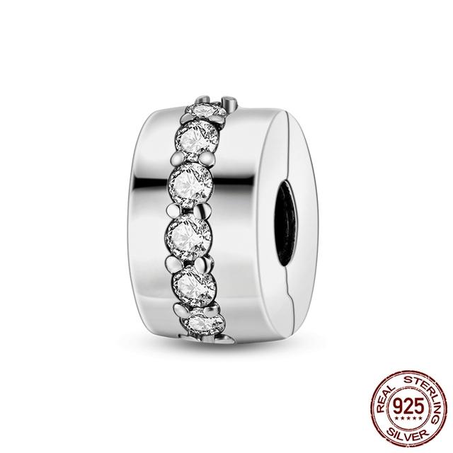 Silver Clasp Real 925 Silver CZ Zircon Pave Pattern Clip Charm Daisy Beads Stopper Fit Fashion Style Bracelet Charms Jewelry