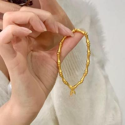 Elegant 18k Gold-Plated Bamboo Bangle: Chic Design, Light Luxury, High-End, Fashionable Bracelet for Women, Symbolizing Good Luck