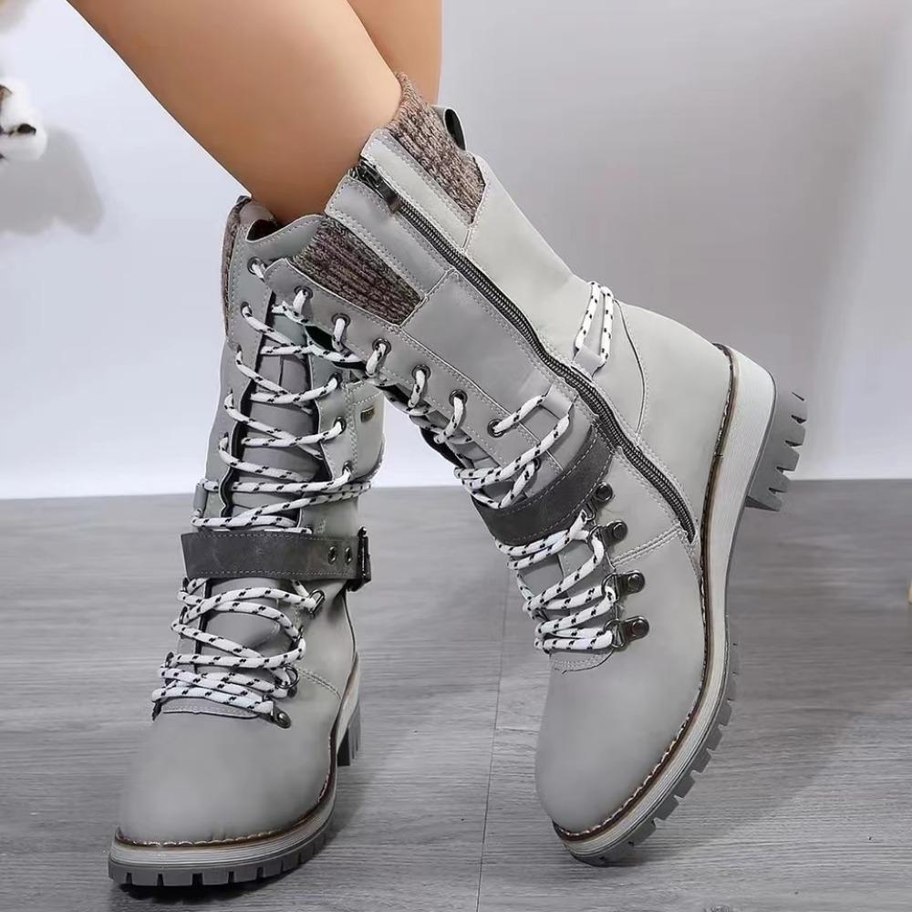 Winter Outdoor Shoes for Women Side Zip Women's Mid-Calf Boots Square Heel Casual Women's Shoes Med Heel Ladies Boots