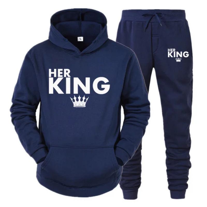 Lover Her QUEEN or His KING Printed Tracksuits Couple Hoodies Outfit Suits Casual Hooded Sweatshirt + Sweatpants Two Piece Set Sport Wear Men’s