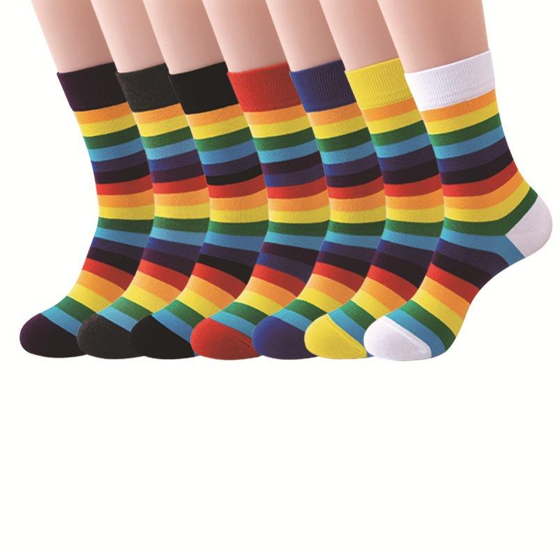 Men Spring and Autumn New Striped Rainbow Sports Cotton Long Socks