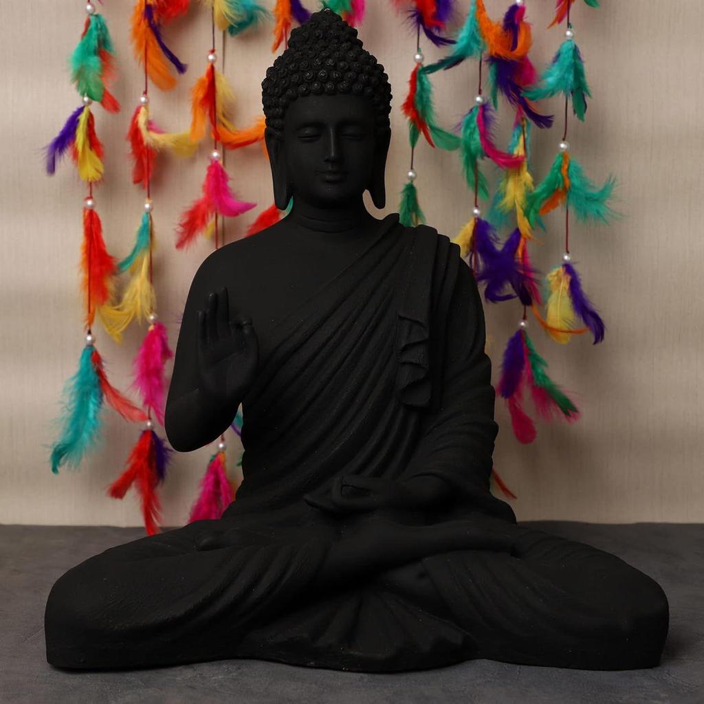 Sitting Buddha Statue for Home & Office Decor, Marble Dust Idol Statue of Resin 15 Inch (Black), Religiousb
