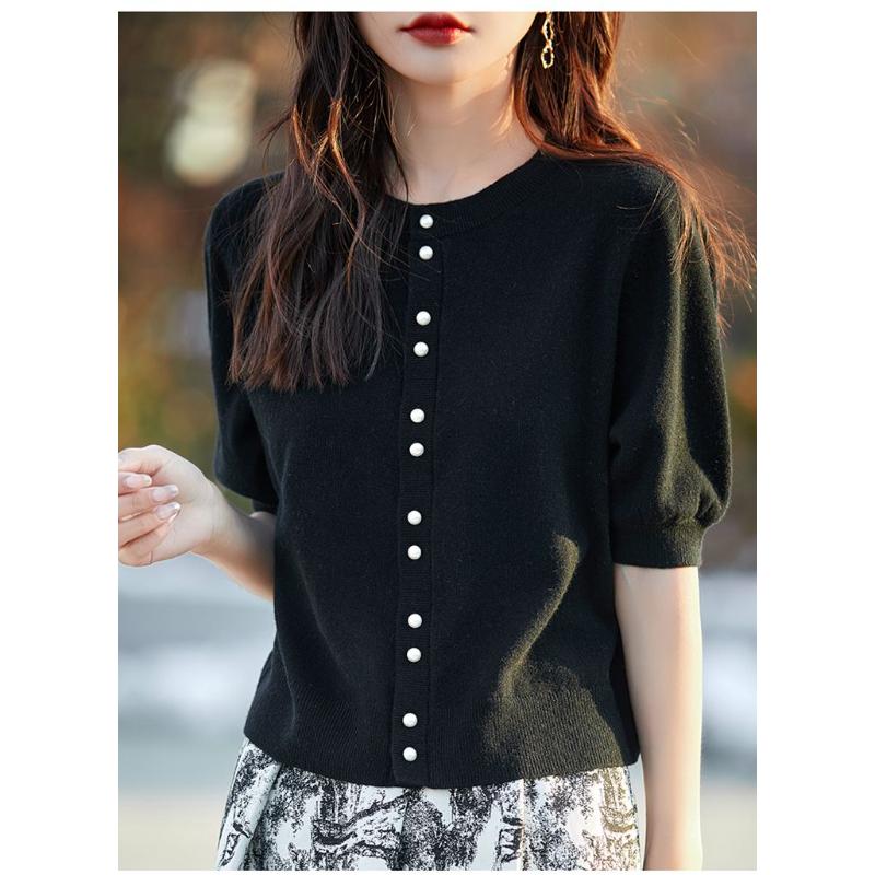 Summer New All Match Striped Knitted Short Sleeve Women's Half Sleeve Knitted Shirt Fashion V-neck Striped Top