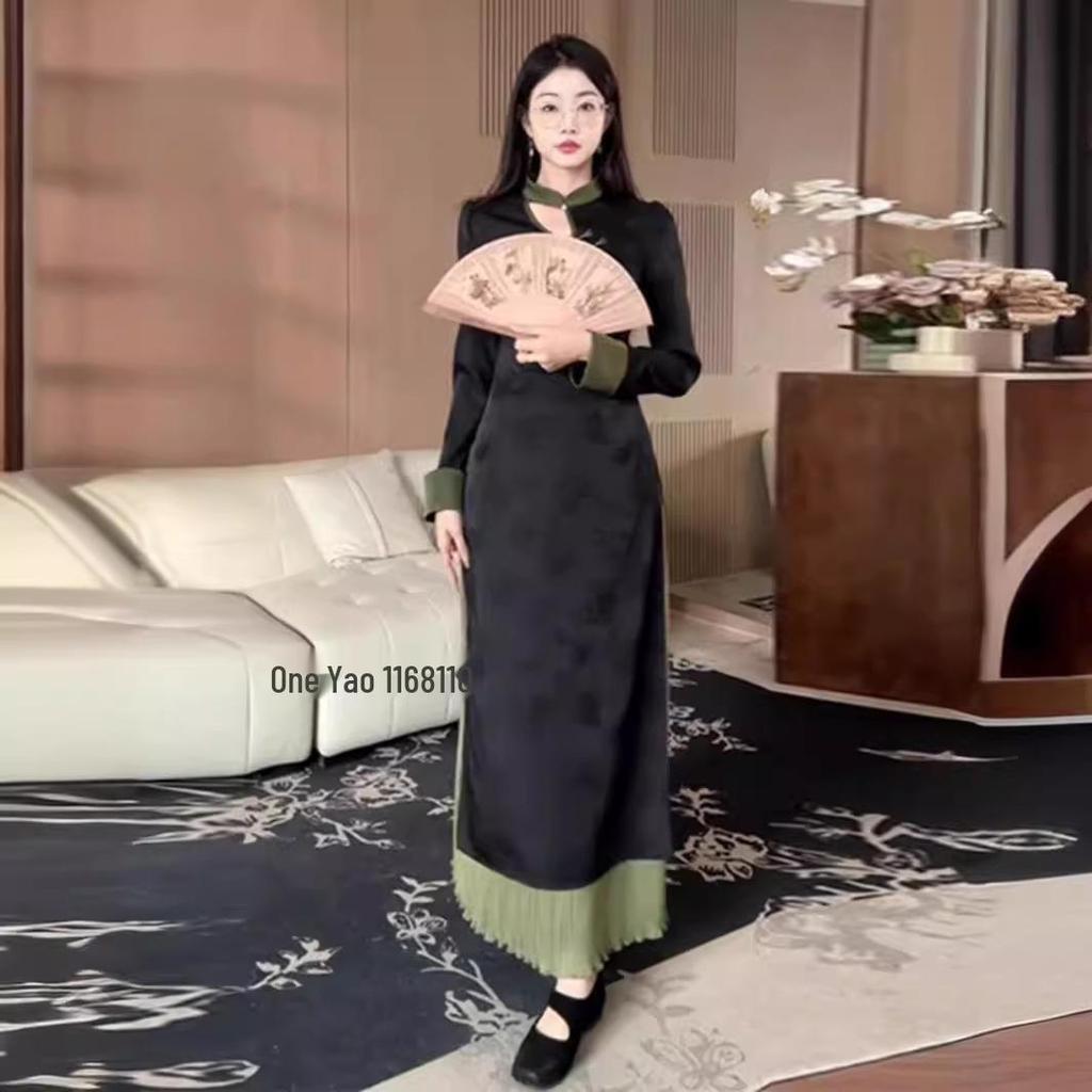 Plus Size Chinese Style Dark Jacquard Spring 2025 Retro Long Dress