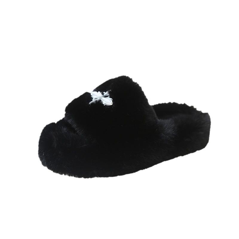 2025 Mao Mao Slippers Women's New Autumn and Winter Outer Wear One-word Flat-bottomed Warm Thick-bottomed Open-toed Slippers