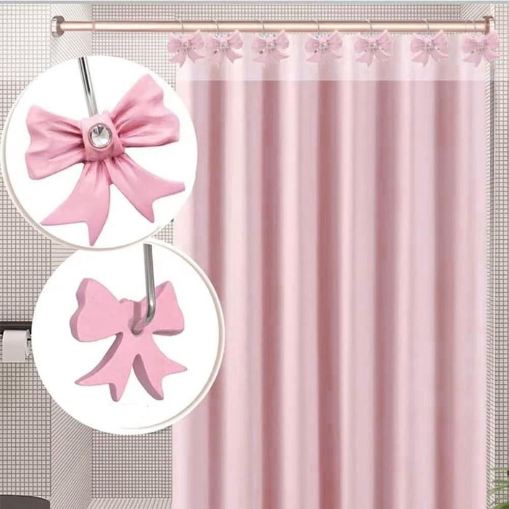 12PCS Set Art Decors Durable Pink Bathroom Decor Resin Lightweight Pink Bow Knot Hooks Bow Knot Design Shower Rings Party