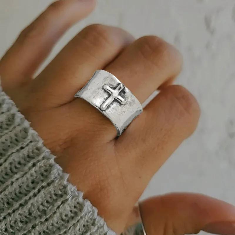 Silver Cross Ring Wide Face Retro Design Adjustable Unisex Jewelry Vintage Bold Fashion Men Women's Ring Gift Popular Gothic