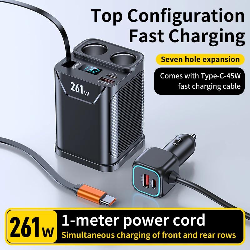 

261 Вт 7 в 1 Разветвитель прикуривателя Тип-C PD QC3.0 Гнездо для зарядки телефона 12 В/24 В Вилка Розетка с выдвижным кабелем Вольтметр