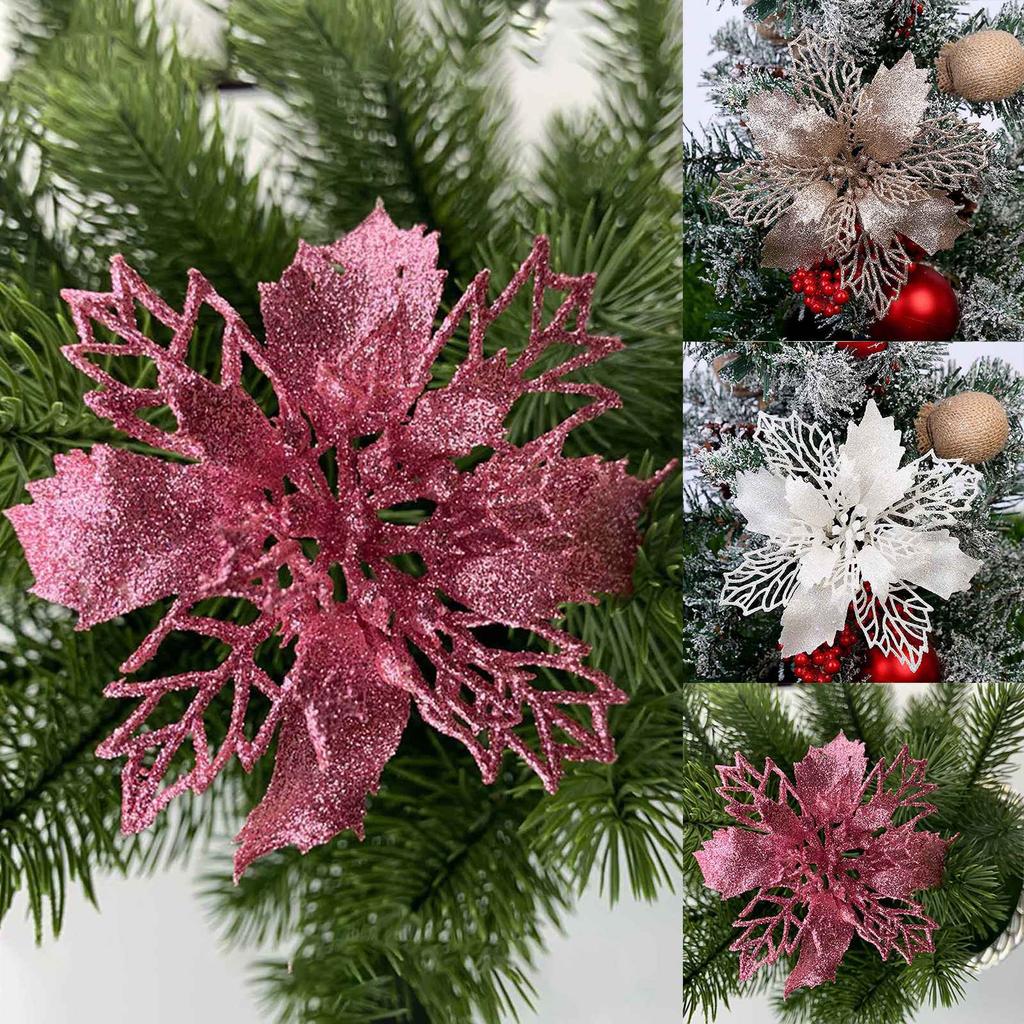 Set Of 10 Pcs Christmas Poinsettia Flowers Ornaments Glitter Floral Accessories Xmas Wreath Tree Decorations For Party Home Wedding