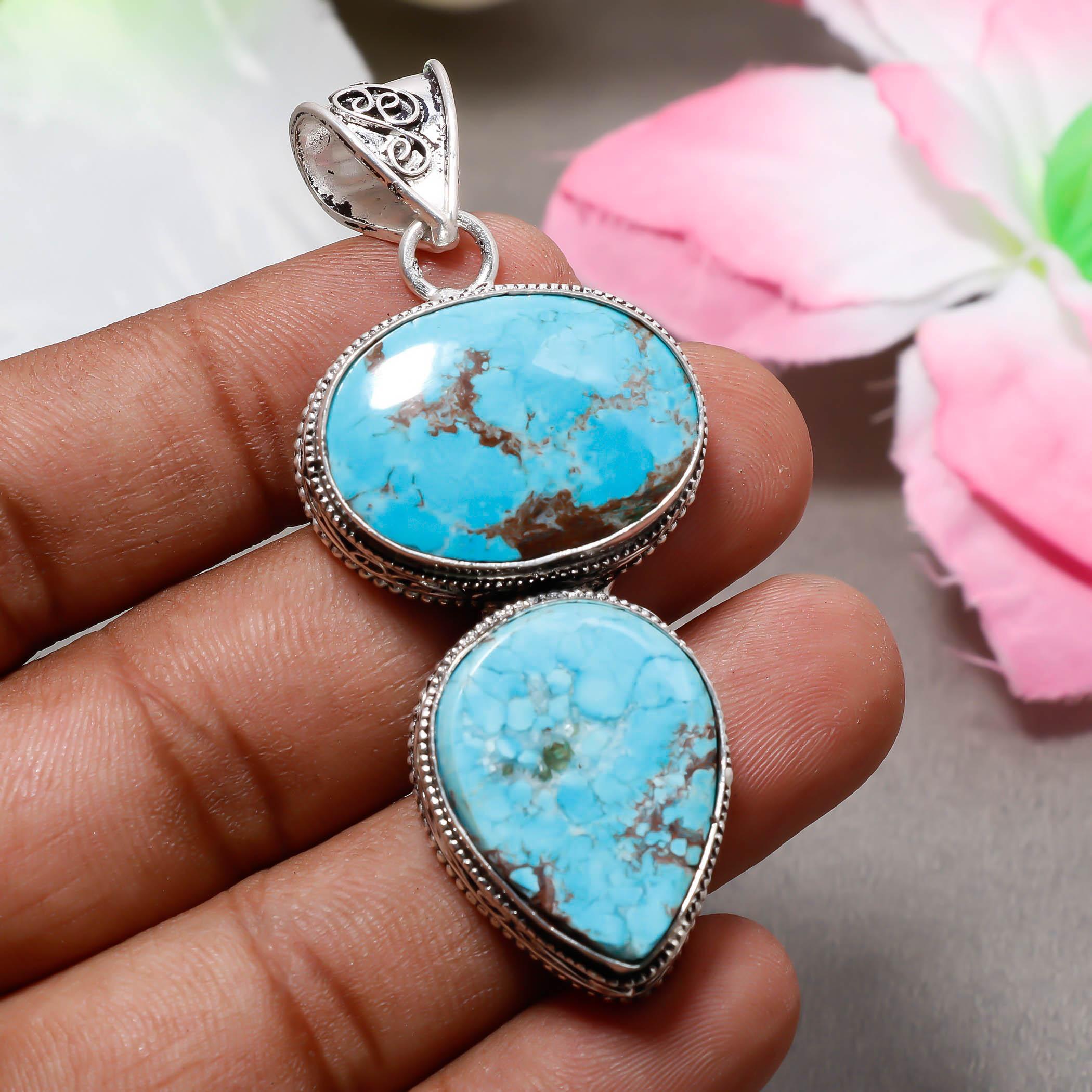 

Tibetan Turquoise Gemstone 925 Sterling Silver Boho Jewelry Antique Pendant