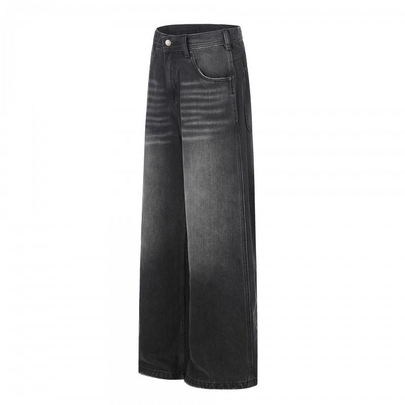 Unisex Retro Washed Black Denim Jeans Loose Straight Cut High Street Style Cotton Blend