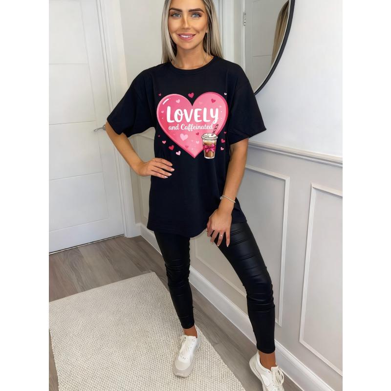 Oversized T Shirt Black Lovely And Caffeinated Heart Coffee Cup Print Casual Wear For Women Summer Outfit Trendy Graphic Tee
