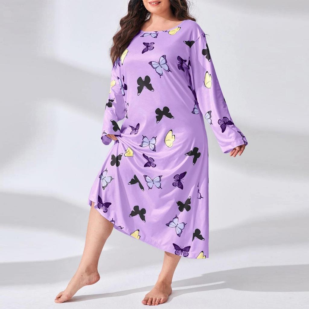 Women's Fashionable Plus Size Pajamas Round Neck Long Sleeved Print Length Nightgown Dress Clothes Sale