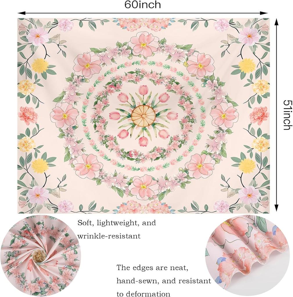 Pink Boho Mandala Floral Tapestry Wall Hanging for Bedroom, Bohemian Flower Aesthetic Cute Room Decor for Girls, Indian Style
