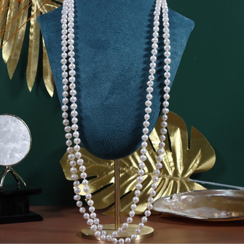 150cm French Classic Long Winter Necklace Potato Round Natural Freshwater Thread Pearl Beaded Necklace Sweater Chain for Women 150cm&6-7mm