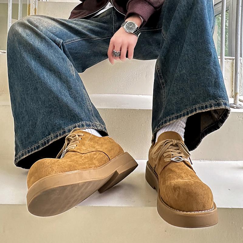 Derby Shoes Men's 2026  Autumn and Winter New Big Toe Shoes Low Top Thick Soled Big Yellow Boots  Round Toe Leather Shoes