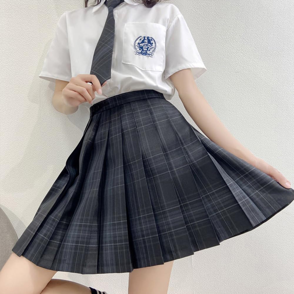 GEAHOL School Uniform Skirt 3-Piece Set Girls High Waist Pleated Check Pattern with Bow Tie Tie Adjustable Waist Machine Washable for School Festival