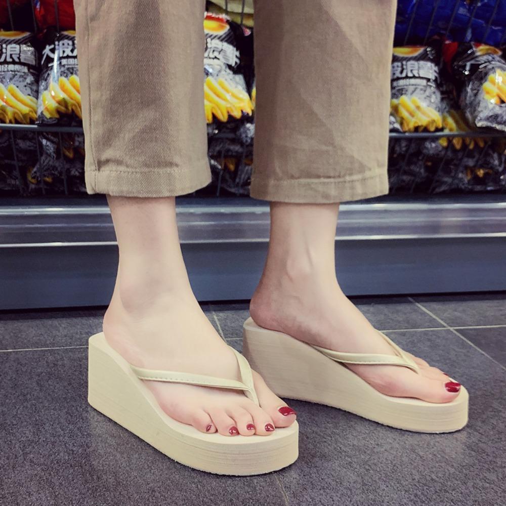 Fashion Thick Bottom Flip Flops Womens Summer Fashion Outdoor Beach Slippers Medium High Slope Heel Clip On Slip Resistant Cool Slippers