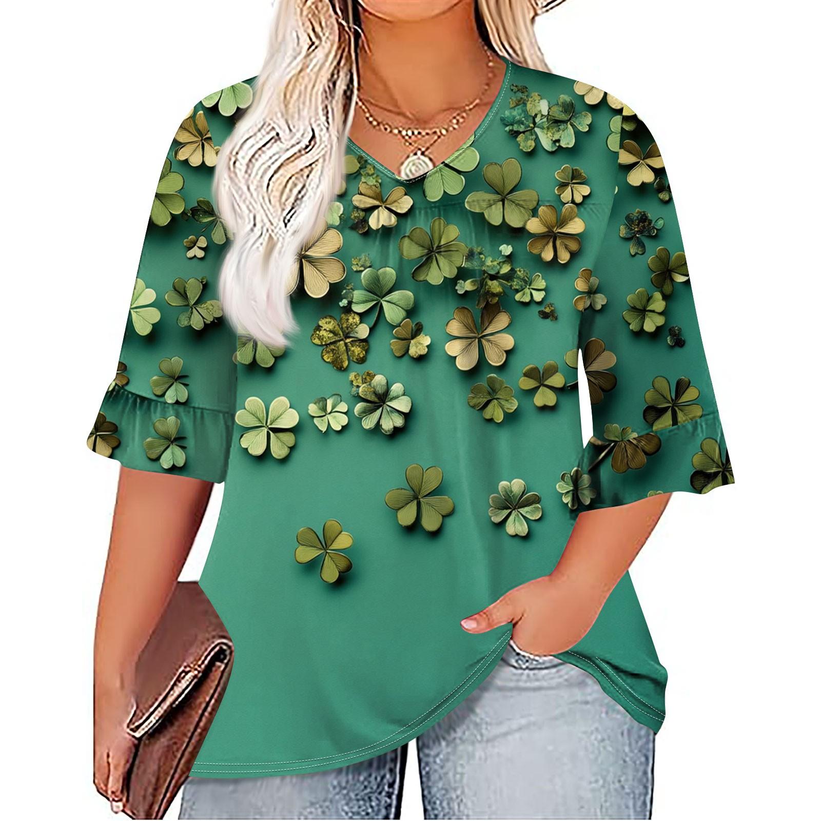 

Женская мода, повседневная плиссированная футболка с v-образным вырезом и принтом, семиминутная футболка с рюшами и рукавами, топы больших размеров XXL