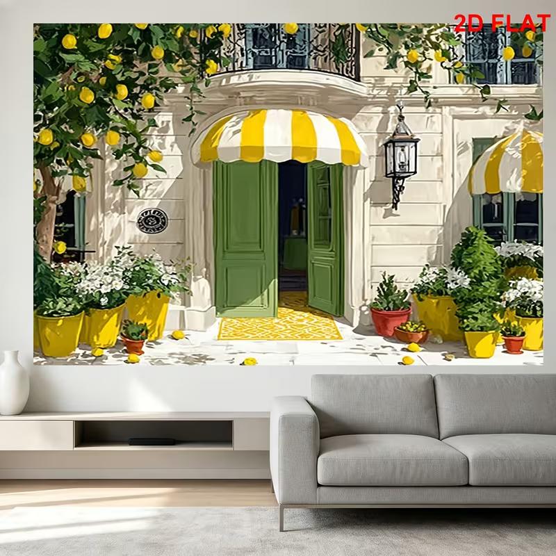 2D French Lemon Courtyard Backdrop Yellow Awning Green Door Floral Photo Banner