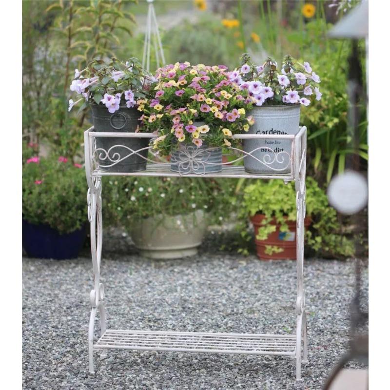 American Country Vintage Distressed Iron Rustic Two-Tier Plant Stand, Flower Pot Holder Shelf for Patio Balcony Garden Outdoor